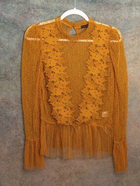 Haute Monde Sheer Lace Keyhole Mustard/Gold Blouse - Large